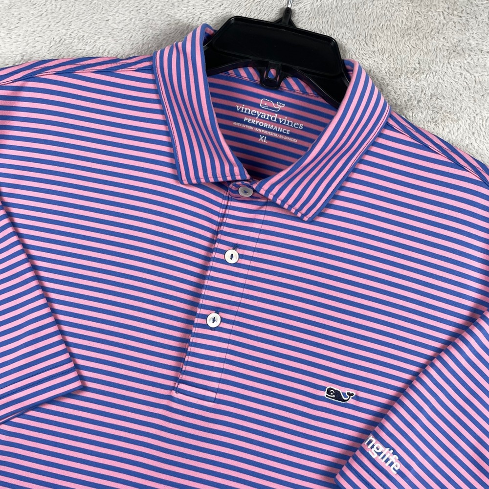 Vineyard Vines Performance Polo Shirt Mens XL Pink Blue Striped Young Life Logo